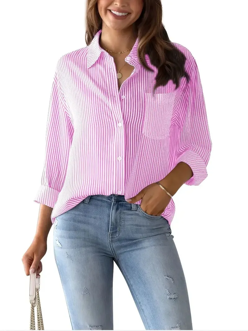 Designer de camisas femininas camisa feminina listrada de algodão uma nova coleção de outono Cardigan listrado top solto casual camisa de mangas compridas mulher rosa relaxamento