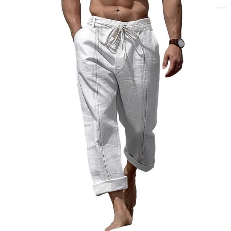 Calças masculinas casuais masculinas 2023 cintura com cordão cor sólida bolsos soltos calça de moletom meia calça homewear pantalones hombre