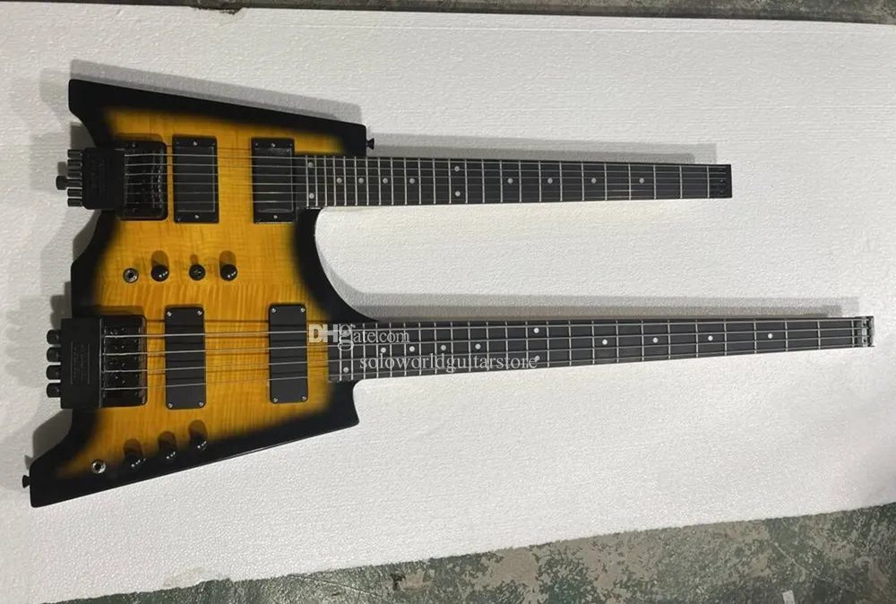 Çift Boyun Başsız 6+4 Strings Alev Maple Üstü, Gülağacı Klavye ile Elektro Gitar Özelleştirilebilir