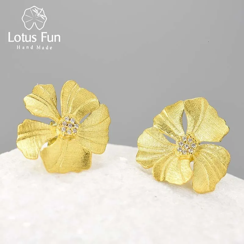 Stud Lotus Fun Real 925 Sterling Silver Natural Zircon Elegant Big Peony Flower Earrings for Women 18K Gold Statement smycken 230726