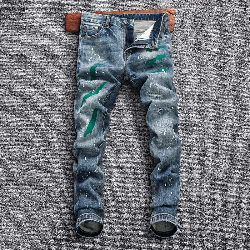 Männer Jeans Street Fashion Männer Retro Blau Elastische Slim Ripped Stretch Hose Gemalt Designer Hip Hop Denim Hosen Hombre