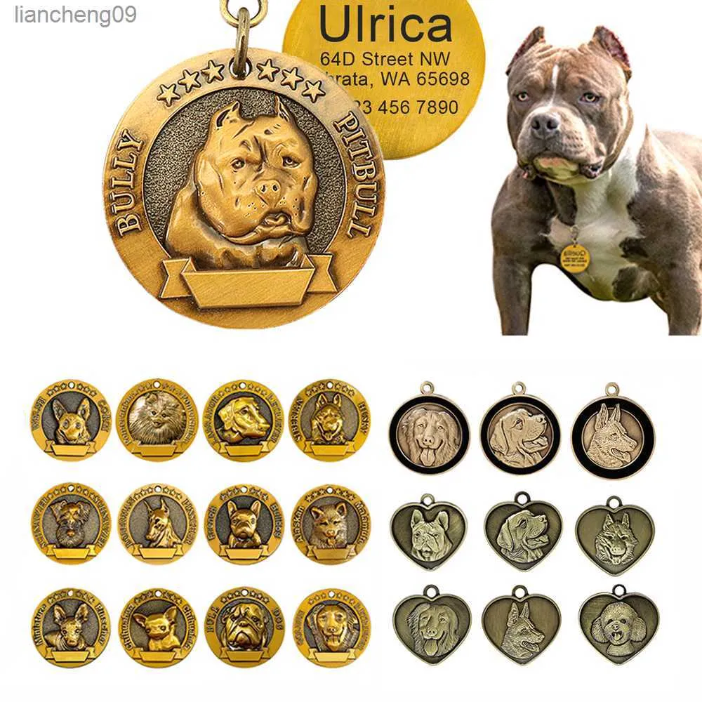 Etiqueta de identificação personalizada para cães com gravação gratuita placa de identificação de raça anti-perda pingente de coleira para animal de estimação para pitbull bulldog etiquetas de coleira de cobre l230620