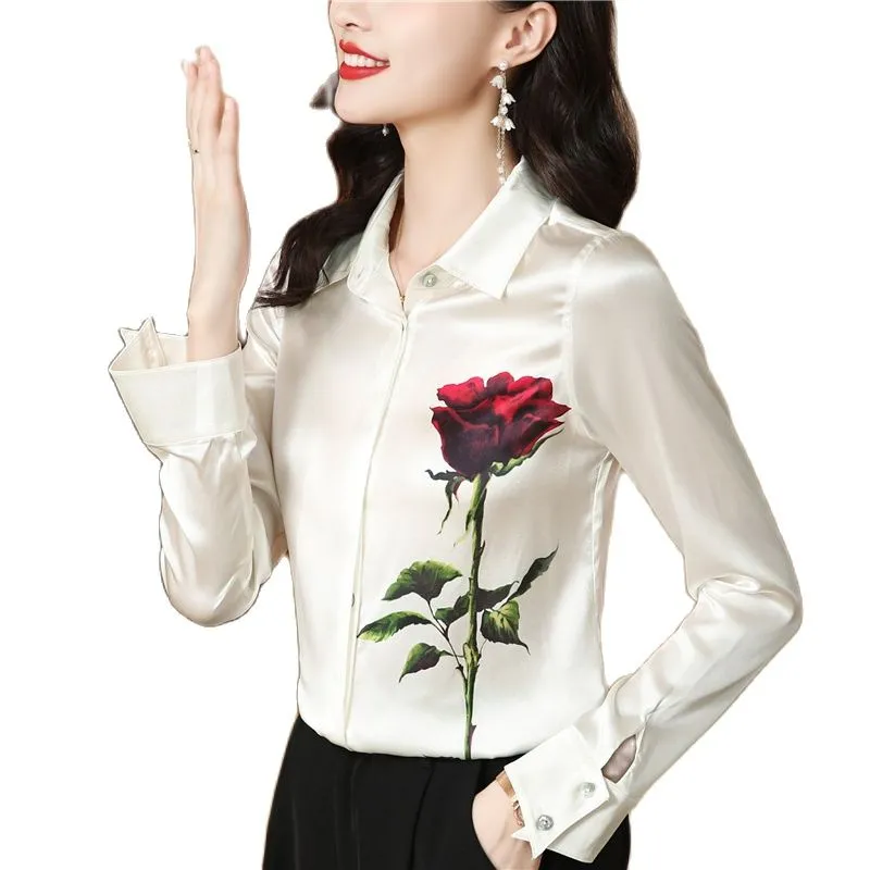 2023 Blouses à imprimé floral Designer Satin Tops Femmes Manches longues Revers Bouton formel Chemise élégante et jeunesse Bureau Beige Blouse211s