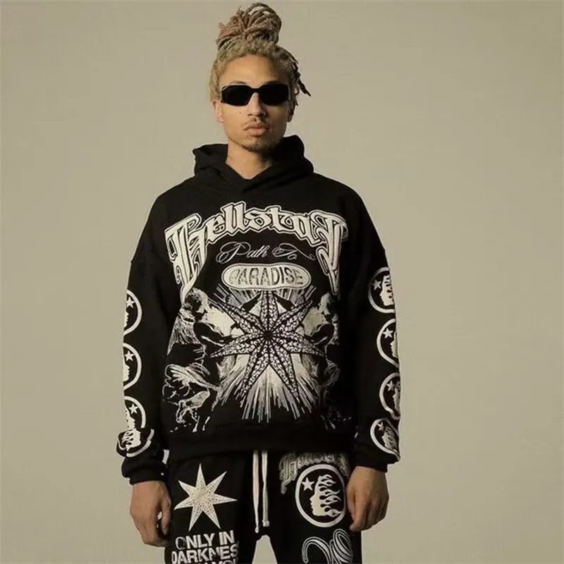 Herrspårar Hellstar Retro Vintage Crack Print överdimensionerad 1 och Women's High Street Hoodie Pants Set 230727