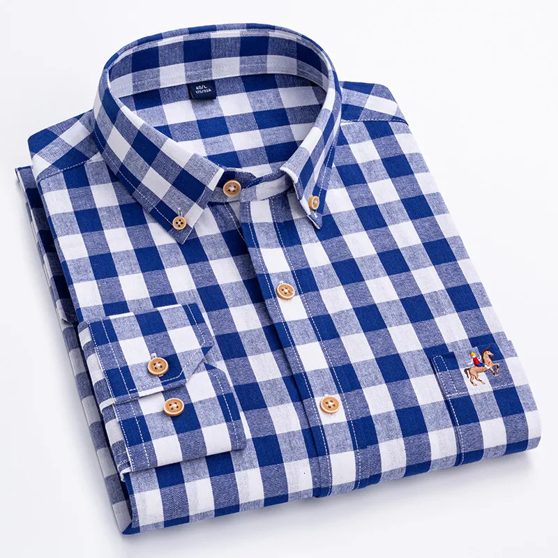 Chemises décontractées pour hommes 100% coton S ~ 6XL Oxford Chemises pour hommes à manches longues Plaid Business Casual Soft Social Dress Shirts Regular Fit Male Shirt Blouse 230727