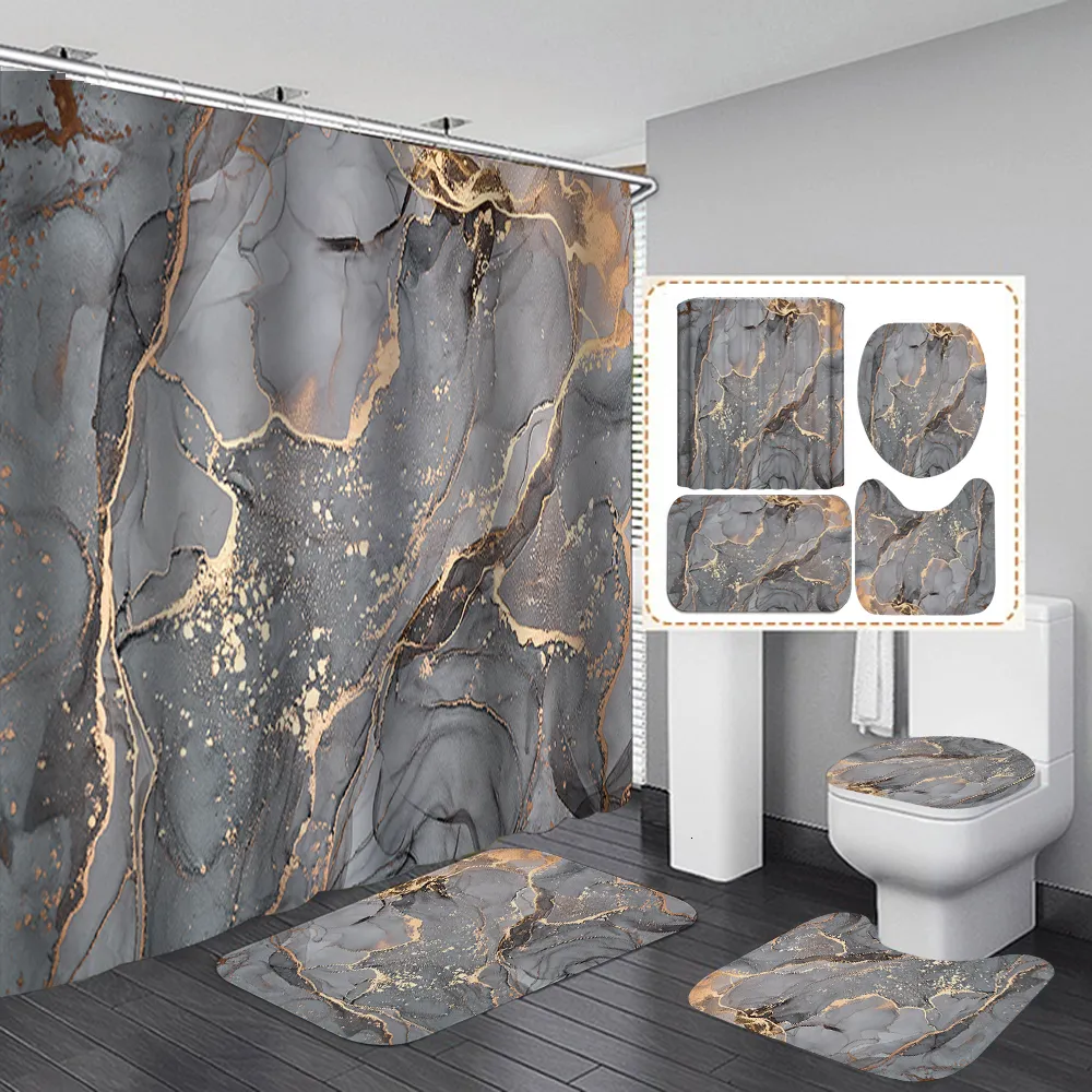 Rideaux de douche Texture dorée Luxe Grain de pierre Rideaux de salle de bain Couverture de toilette et tapis de bain Tapis antidérapant 230727