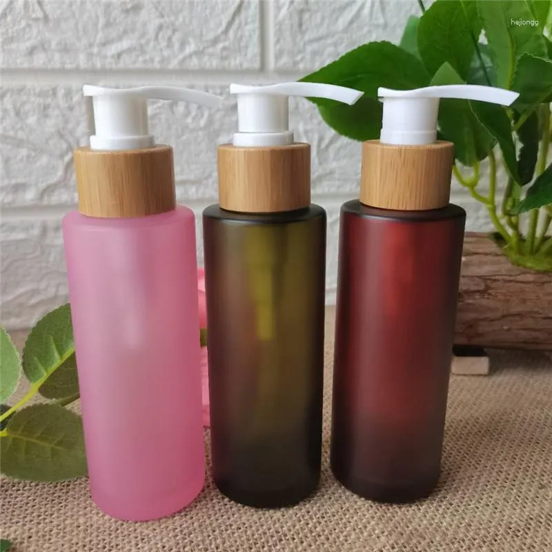 Storage Bottles Free Pink/Amber Frosted Glass Bottle White Pump Bamboo Cap Cosmetic Packing For Liquid Oil