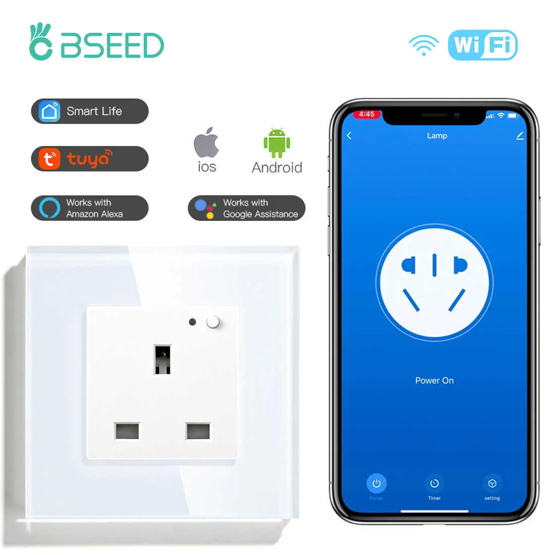 Smart Power Plugs BSEED UK STOCKEL STOCKE WIFI Smart Life Control Alexa Smart Socket Single Intelligent Socket 13A Panel de vidrio HKD230727