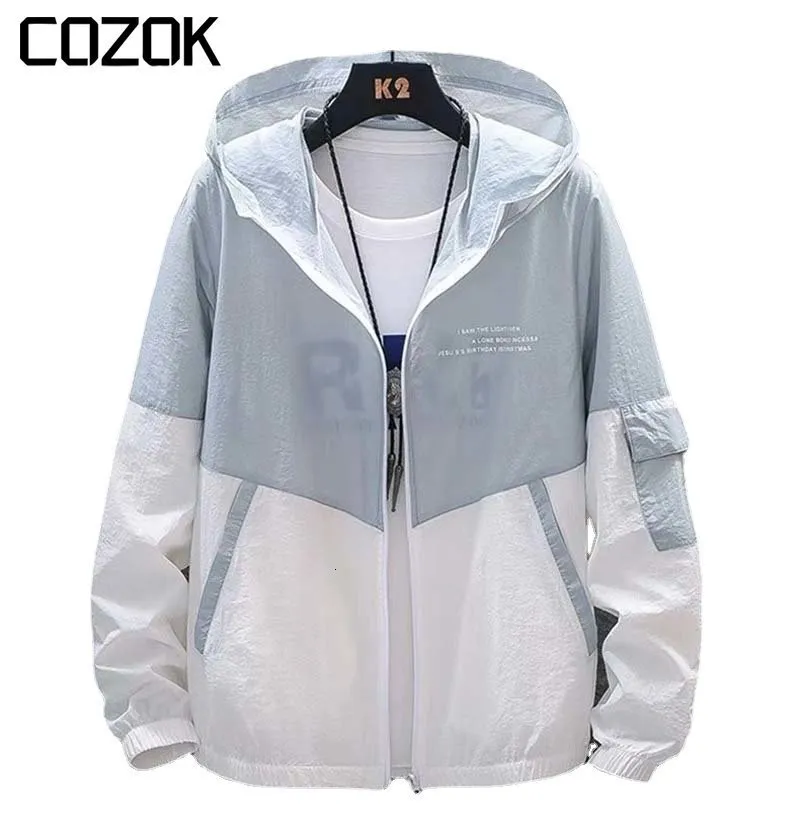 Herren Jacken Sonnencreme Jacke Männer Frauen Patchwork Casual Super Dünne Kapuzenmantel Paar Harajuku College Hip Hop Sommer Windjacke 230726