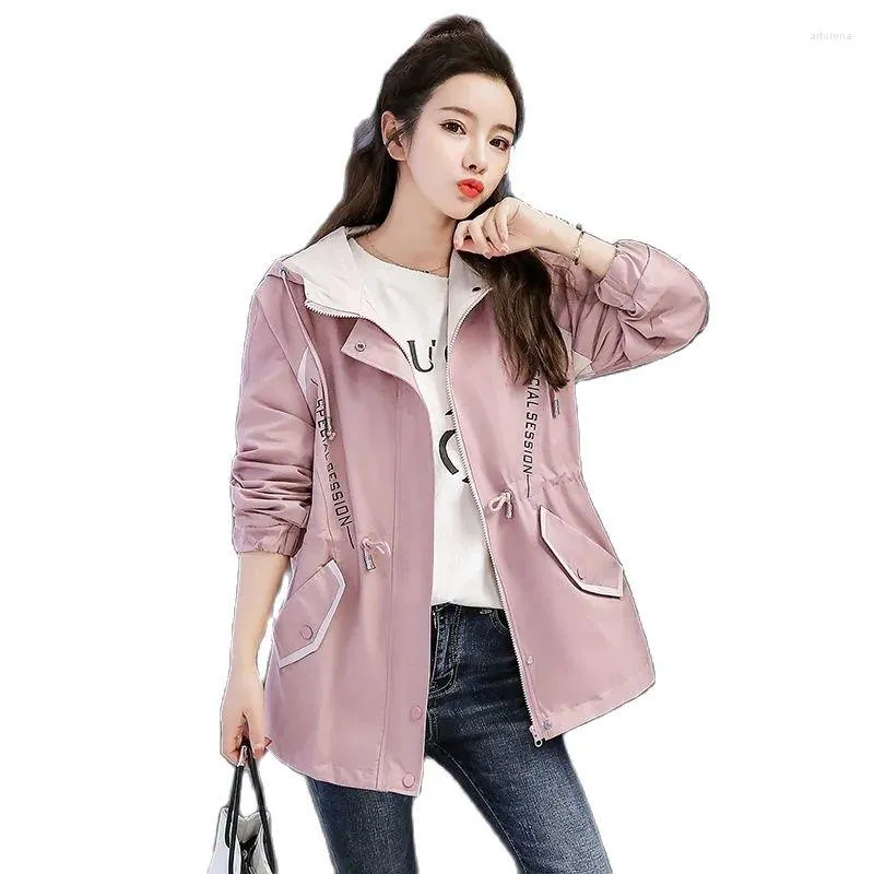 Kvinnors jackor 2023 Autumn Ladies Jacket Mid-Length dragkedja Hooded Casual Street S Miss Baseball Uniform Trench Coats Tooling