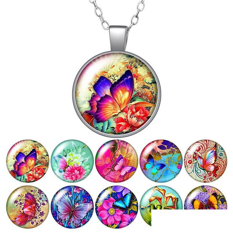 Pendentif Colliers Beauté Fantastique Papillon Colorf Collier Rond 25Mm Verre Cabochon Sier Couleur Bijoux Femmes Cadeau D'anniversaire 50Cm Dro Dh7C2