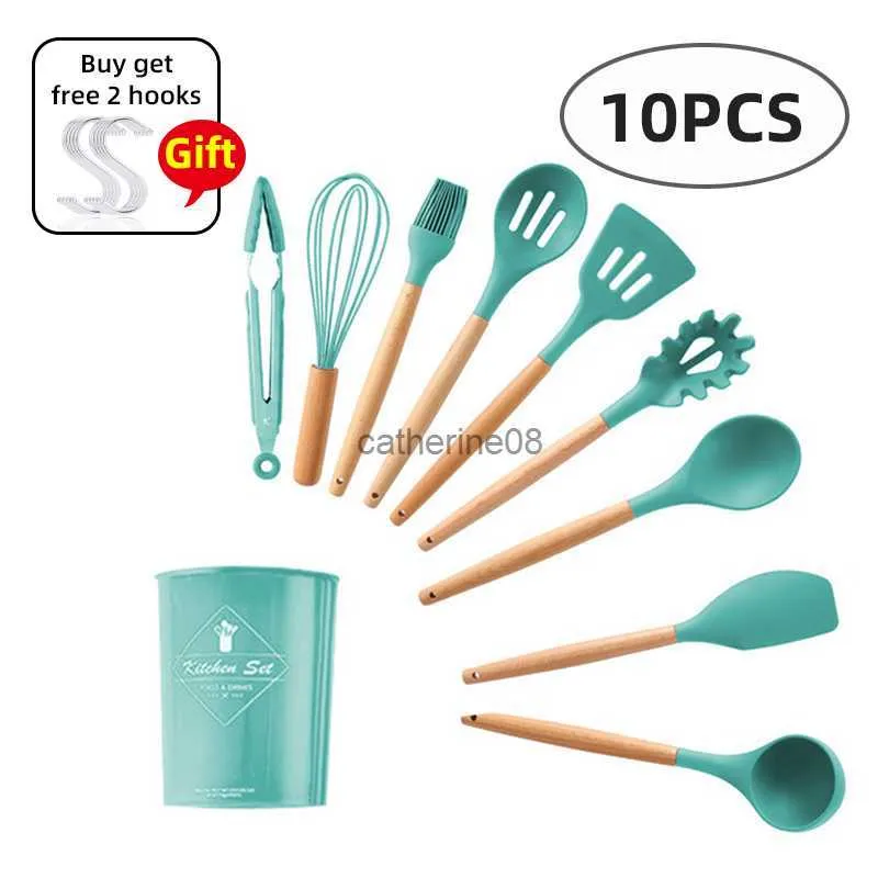 Cooking Tool Non Toxic Turquoise Kitchen Utensils Silicone Wooden