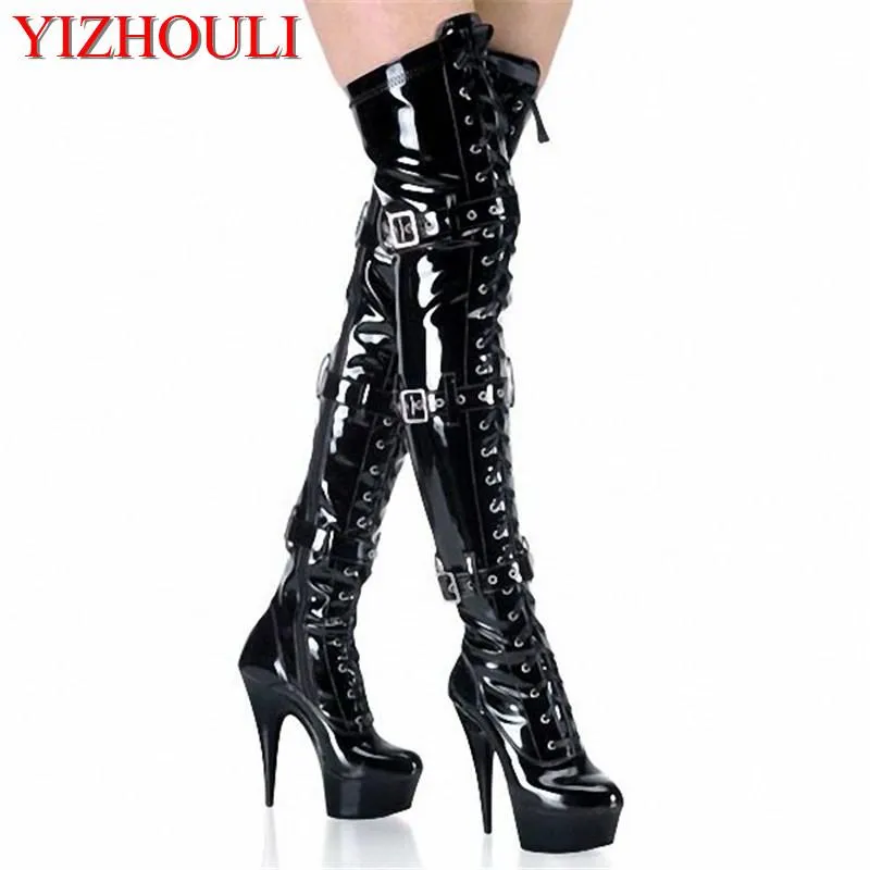 HandGereedSchapssets 1523cm High -Heeled Shoes Platform Front Strap over the Knee Boots Round Toe Boots '68インチセクシーな太もものハイブーツ