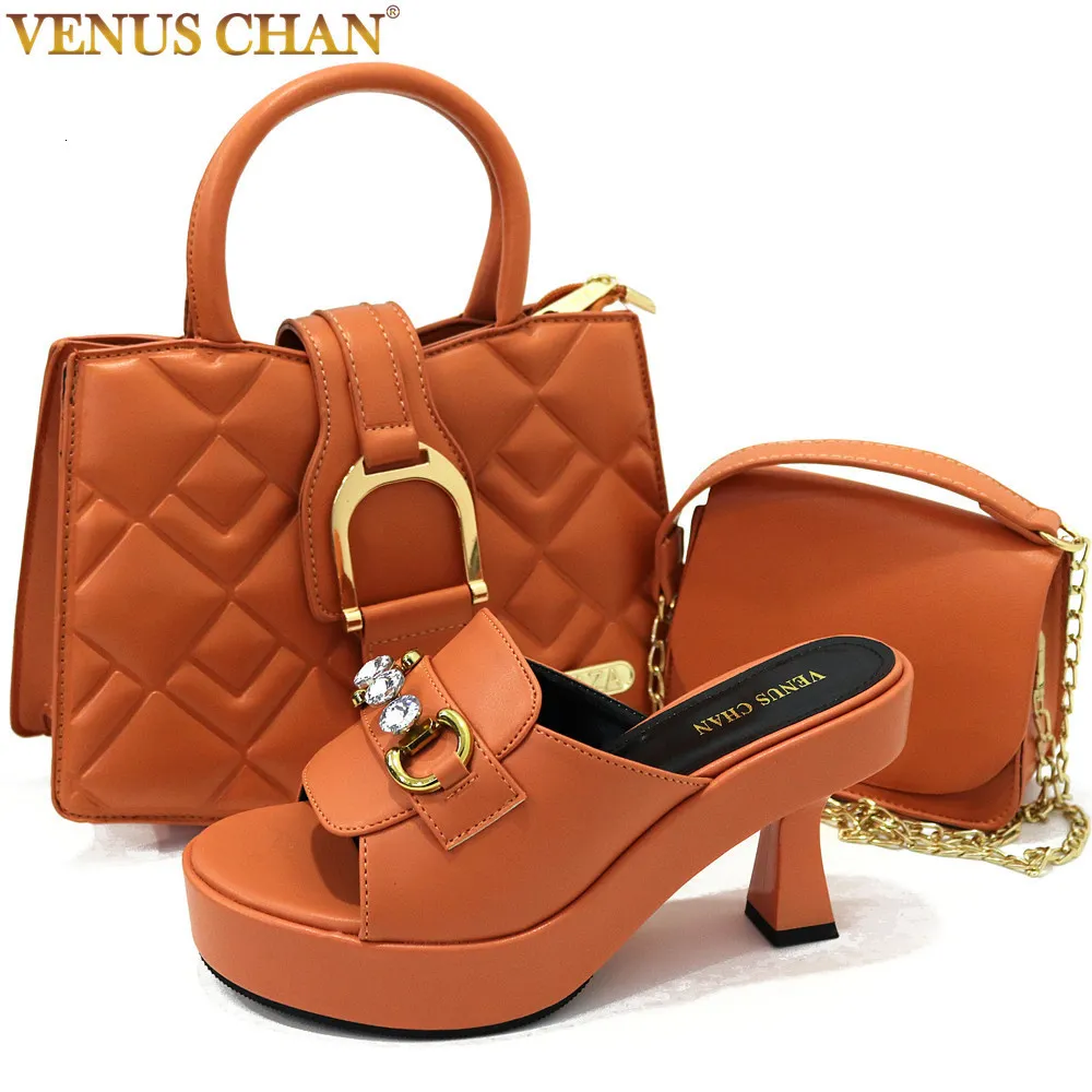 Sandals Chan Platform Shoes Women Metal Decoration High Heel Open Toed Orange Color Italian Shoes and Bags Matching Set 230726