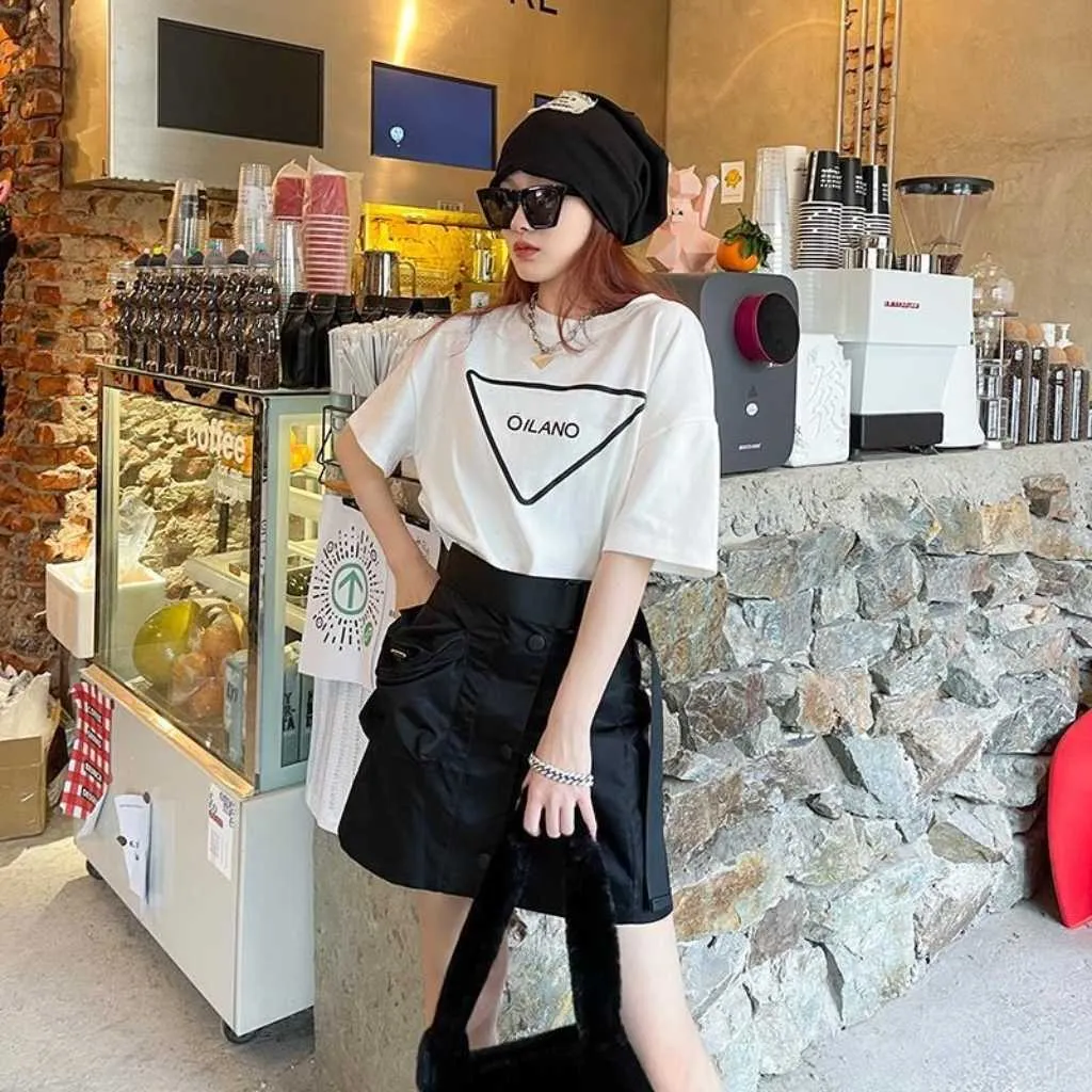 Summer women's letter printing short-sleeve processing straight skirt suit skirt, tooling skirt with belt casual fashion, polyester fabric comfortable not shrink.