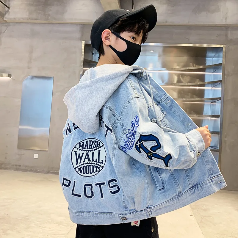 Korean Childrens Denim Cotton Hooded Boys Jeans With Letter Print