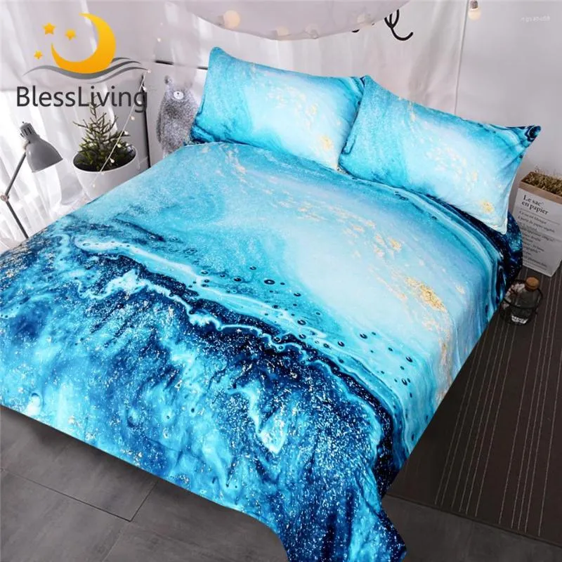 Ensembles de literie BlessLiving ensemble aquarelle doré et bleu housse de couette océan vagues lit abstrait imprimé literie roi