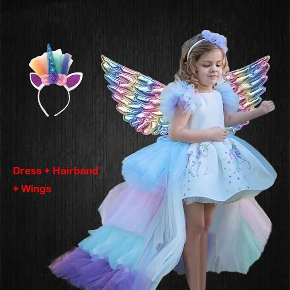 Boże Narodzenie dziewczyny jednorożec z długimi skrzydłami ogonowymi Fairband Baby dziewczyna Princess Birthday Party Ball suknia dla dzieci ubrania koni255s