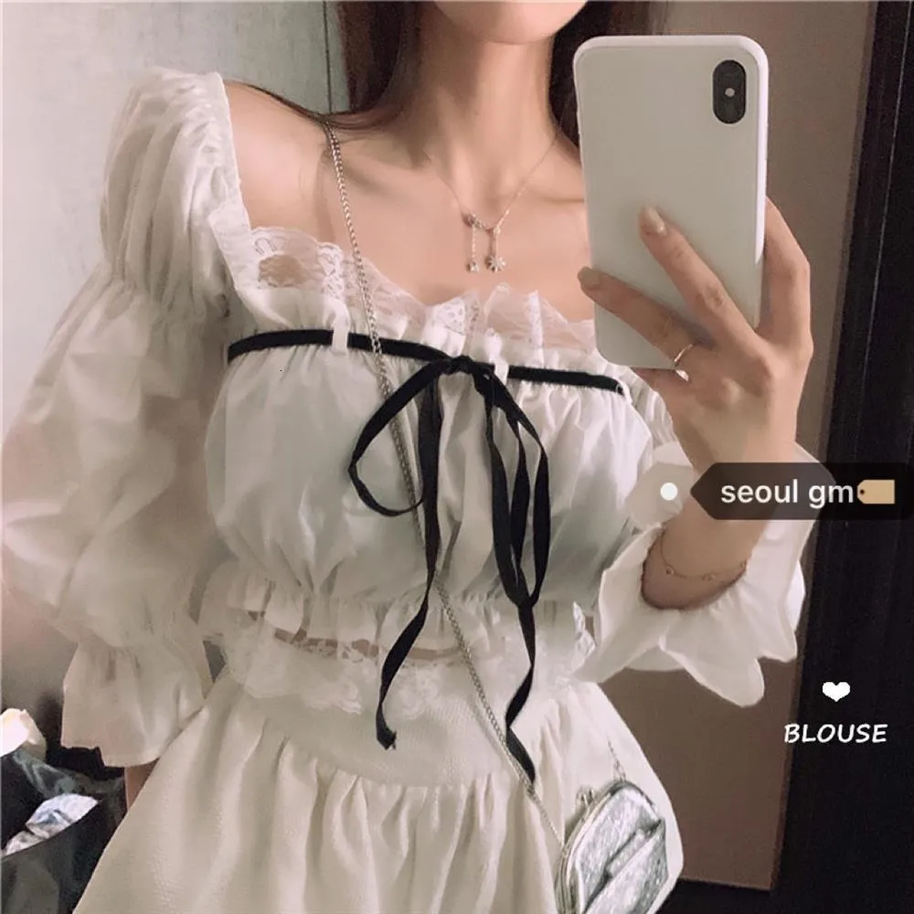 Womens Blouses Shirts Sexy Top Women Blouse With Lace Up Off Shoulder Tops Puff Sleeve White Shirt Vintage Ruffle Crop Solid Color Black Female 230726