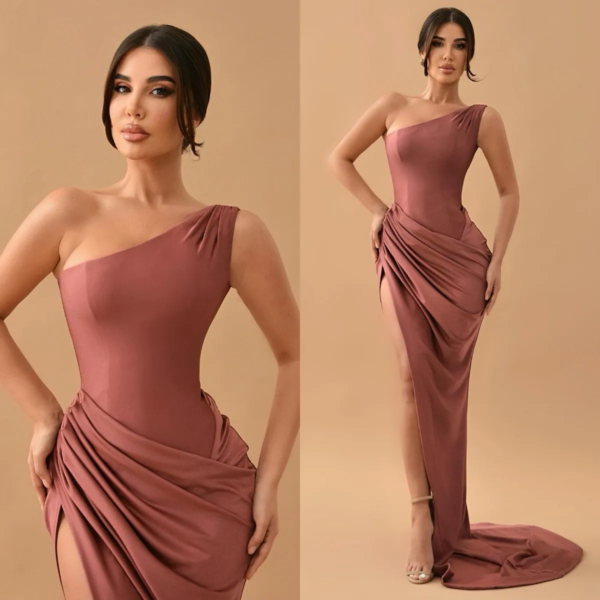 Elegant Dust Pink Evening Dresses One Shoulder Split Party Prom Dress Sweep Train Long Dress for red carpet special occasion