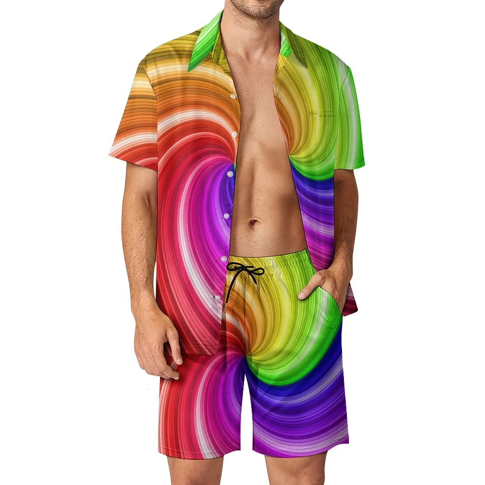 Мужские спортивные костюмы красочные галстуки Men Set Set Rainbow Swirl Art Новинка повседневная рубашка набор с коротким рукавом.