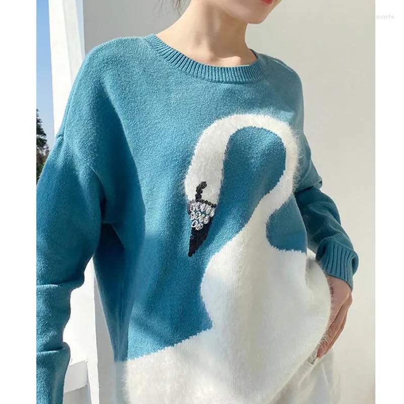 Maglioni da donna di buona qualità Maglione invernale coreano da donna Ladies White Swan Diamond Perline lavorato a maglia Pullover autunno Maglieria NS108