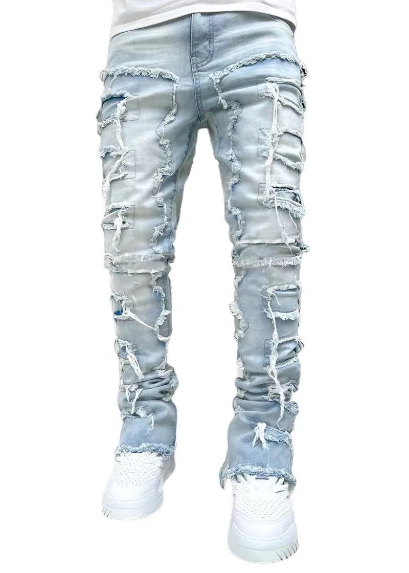 Heren Jeans Slim Fit Rechte Denim Broek Stretch Patchwork Denim Rechte Pijpen Broek