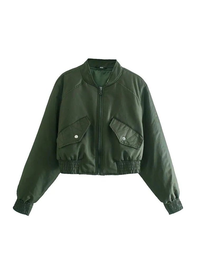 Jackor Yenkye New Autumn Women Army Green Bomber Jacket Vintage Långärmad Zipper Kvinna Kort ytterkläder Chic Tops