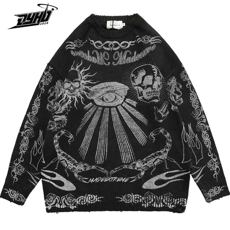 Men's Sweaters Oversized Sweater Men Women Harajuku Skull Graffiti Retro Vintage Knitted Unisex Cotton Pullover Autumn And Winter 230726