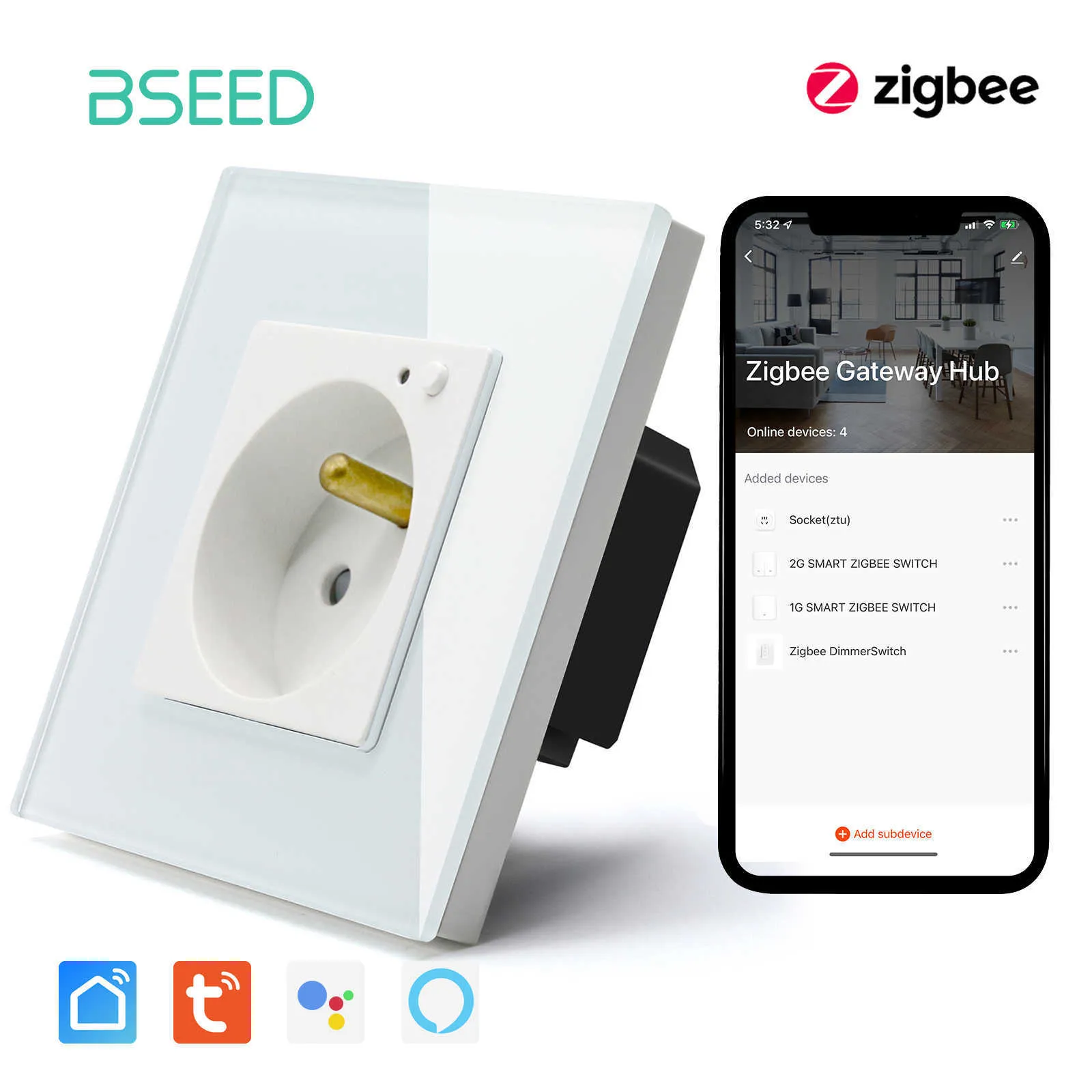 Smart Power Plugs BSEED ZigBee Tuya Smart Socket Presa a muro standard francese con monitor di alimentazione Funzione di temporizzazione Supporto Goolge Smart Life Alexa HKD230727