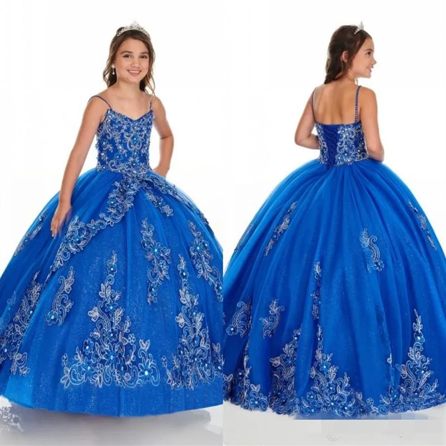 2020 Azul Real Vestidos Da Menina Flor com Jaqueta Alças Espaguete Menina Concurso Vestido De Baile Renda Apliques Bordado Custom Made Princ291S