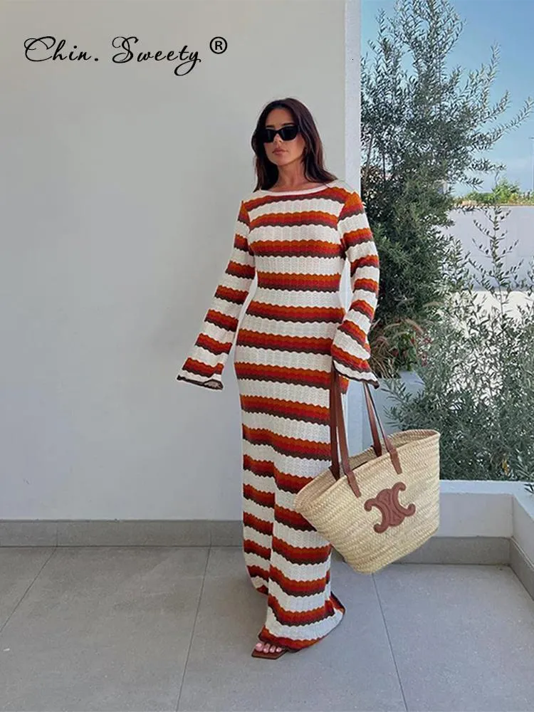 Basic Casual Dresses Womens Cotton Knitted Bodycon Backless Dress Striped Hollowed Out Flared Sleeves Ruffle Vestidos Oneck Vacation Wave Cut Robe 230727