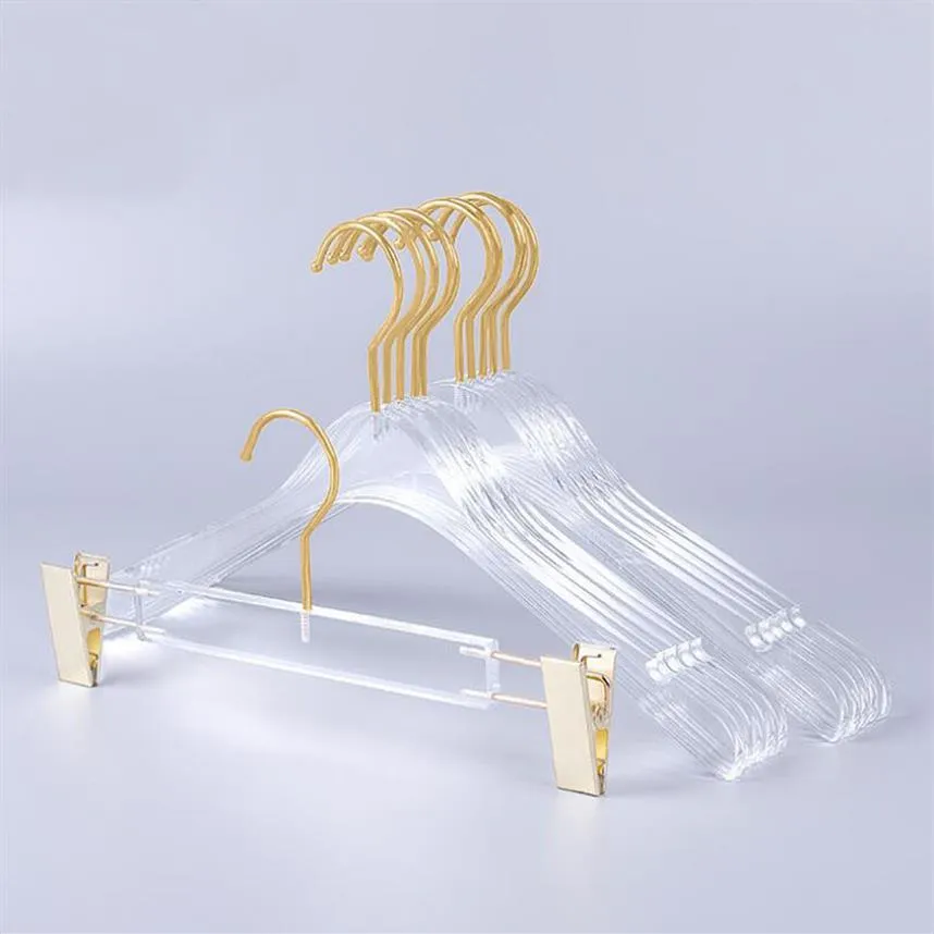 10 peças cabides de roupas de cristal acrílico transparente de alta qualidade com gancho de ouro cabides de calças de acrílico transparente com clipes de ouro 2012272Q