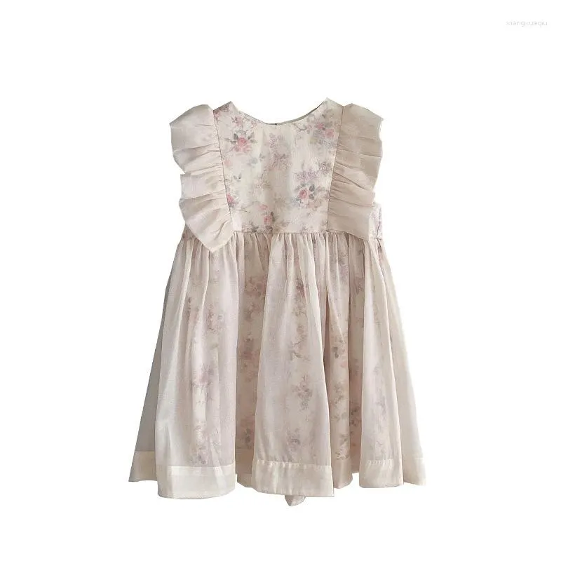 Fille Robes Coréenne En Mousseline De Soie Pétale Manches Maille Filles Robe D'été Enfants Vêtements Floral Imprimer Enfant Princesse Pour La Fête De Mariage Porter