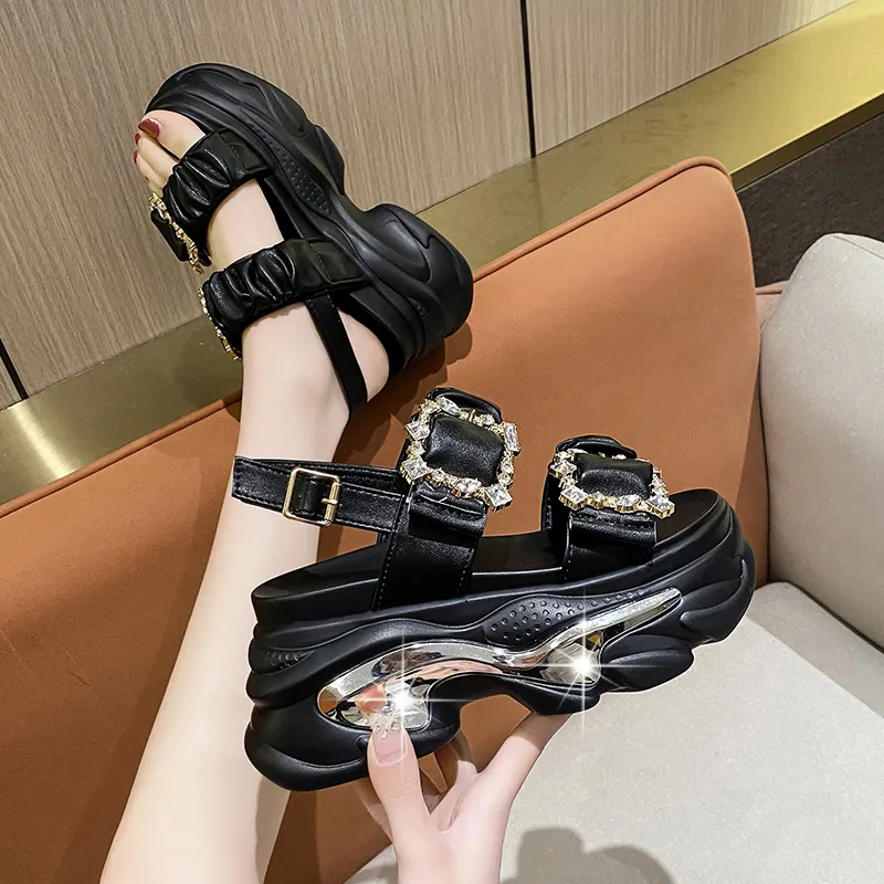 Sandals Metal Double Buckle Chunky Sandals Women Summer Shiny Crystal Platform Sandals Woman Fashion Pleated Thick Bottom Sandalias 230726
