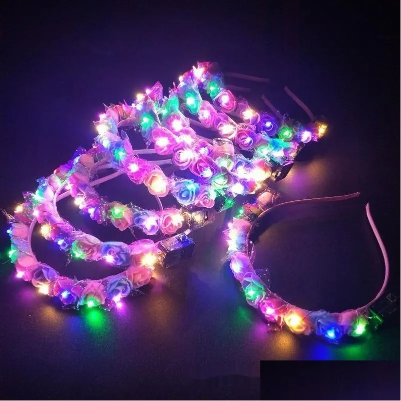 パーティーデコレーション20pcs led led led輝く光沢のある花の花輪のヘッドバンド子供ADTS女の子ウェディングブライダルファンシードレスヘッドウェアDro Dhayq