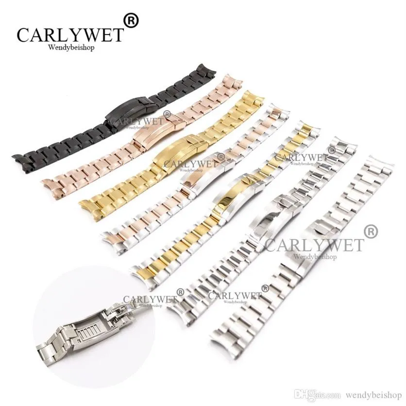 CARLYWET 20mm Two Tone Rose Gold Silver Black Solid Curved End Screw Links New Style Glide Lock Clasp Steel Watch Band Bracelet221Y