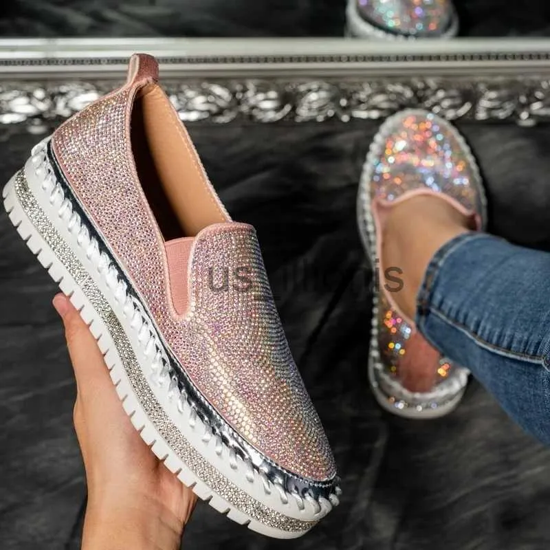 Chaussures habillées LazySeal Luxe Femmes Appartements Strass Bling Plateforme De Couture Mocassins Glisser Sur La Couture Peu Profonde Mode Casual Chaussures Dames Chaussures J230727