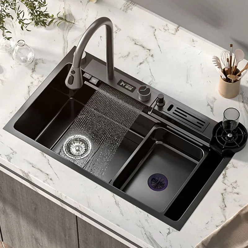 Kitchen Sink Steel Kitchen Waterfall Sink Digital Display Stor enkelskålbassäng med multifunktion Touch Kitchen Sink