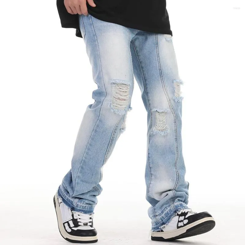 Jeans pour hommes Streetwear trou en détresse délavé bleu Baggy Y2K hommes et femmes droite surdimensionné déchiré Denim pantalon Harajuku Cargos