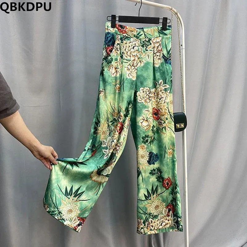 Dress Satin Silk Print Boho Casual Anklelength Pants Women's High Waist Wide Leg Pantalones Summer Korean Straight Baggy Trousers