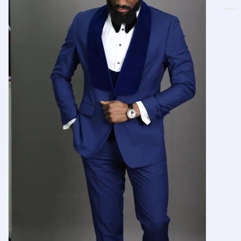 Ternos masculinos estilo padrinhos azul smoking xale veludo lapela homem homem casamento 3 peças (jaqueta calça colete gravata) C811