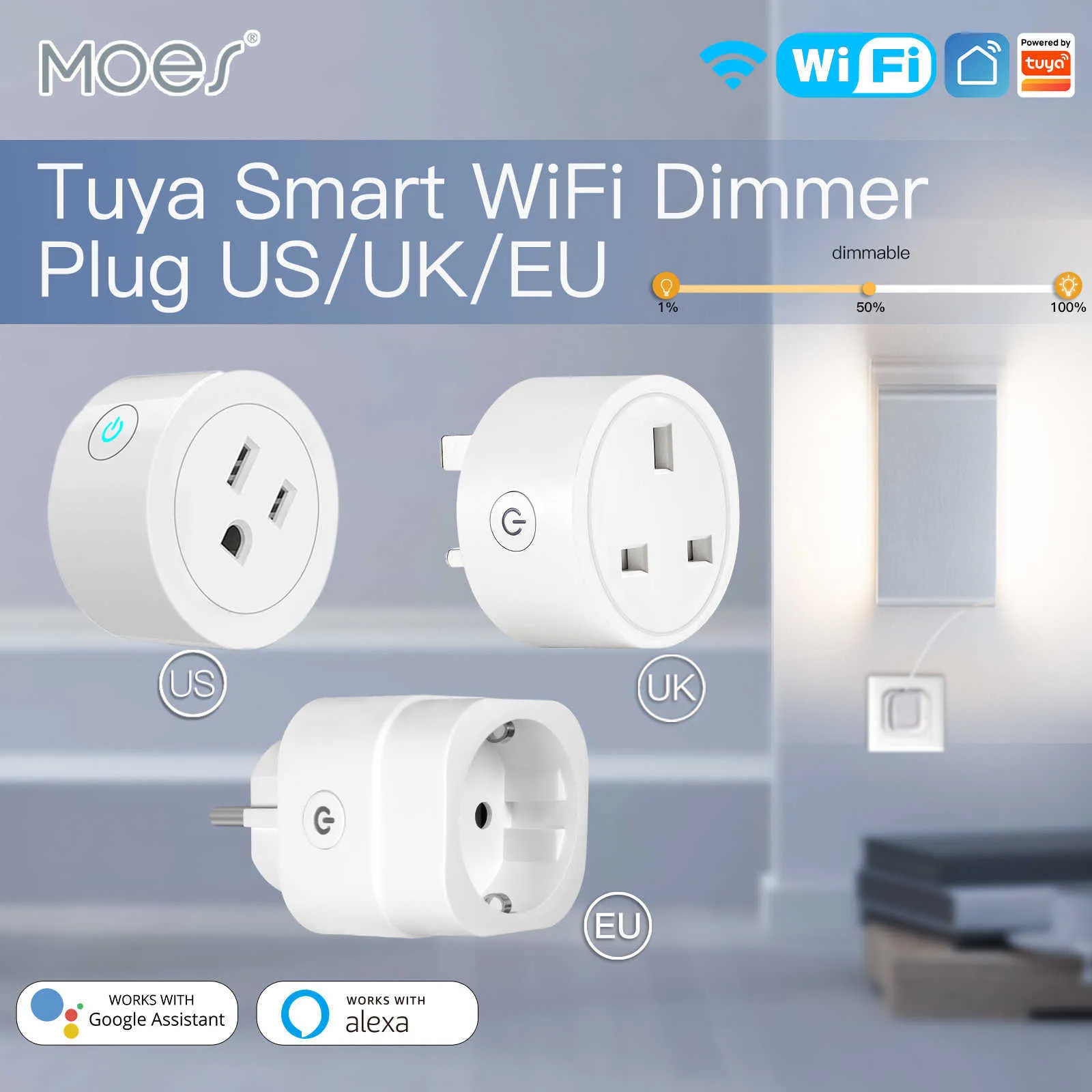 Smart Power Plugs Moes WiFi Smart Power Socket Plug Brightness Justera timer för Tuya Smart Life App Alexa Voice Control EU/UK/US HKD230727