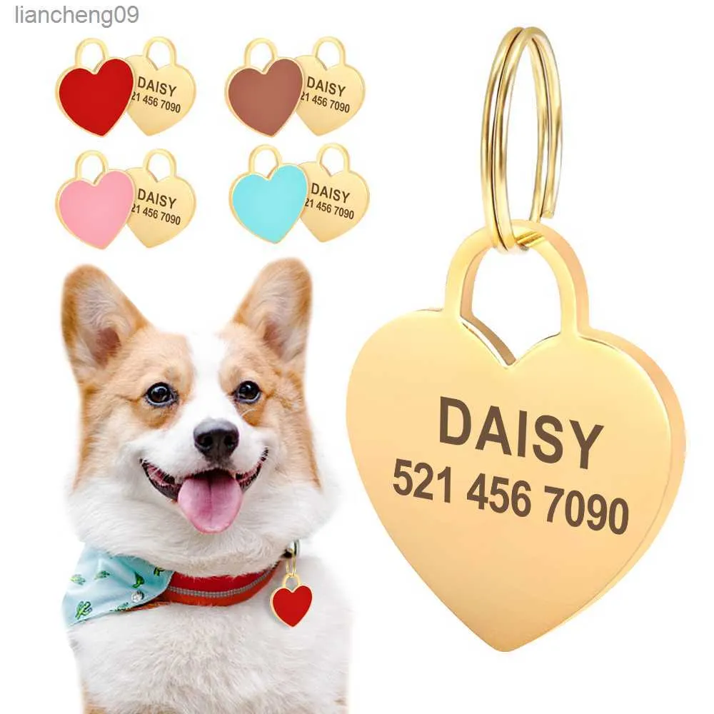 Personlig katthund-ID-taggar Heart Shape Dog Cat Name Tag Anpassad graverad Anti-Lost Pendant Pet Dog Collar Accessories L230620