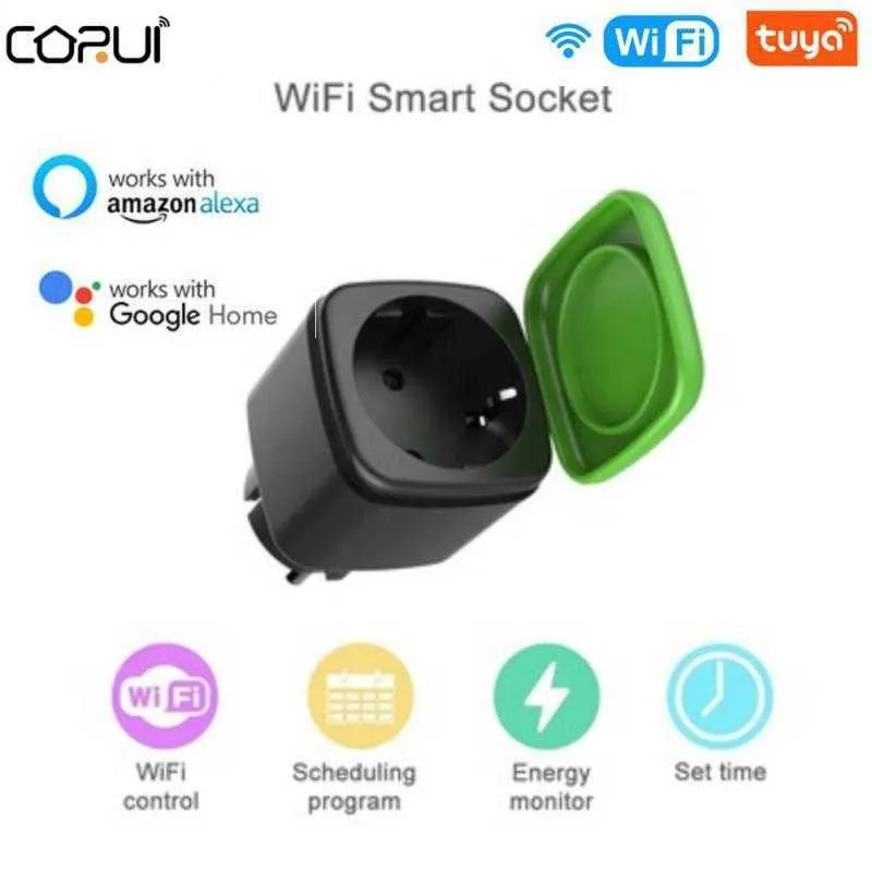 Wtyczki inteligentnej mocy Coro Tuya EU 16A Wi -Fi inteligentne na zewnątrz wodoodporne gniazdo elektryczne Smart Living Electric Wtyczka z Alexa Home Control HKD230727