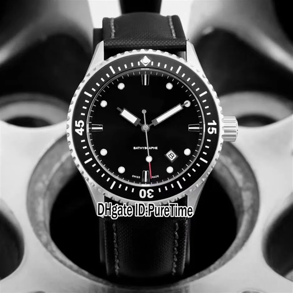 New Fifty Fathoms 50 Fathoms Bathyscaphe 5000-1110-B52A Caixa de aço Mostrador preto Relógio automático masculino Relógios de couro de nylon Puretime 312c