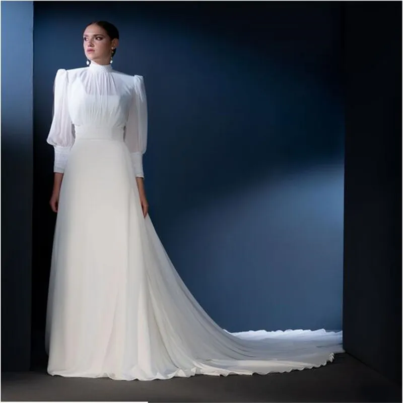 Elegant Saudi Arabia Natural Ivory Wedding Dress A Line Hight Neckline 2 Piece Long Sleeves Chiffon Beach Chapel Train Bridal Dress U-Shape Brides For Lady 2023