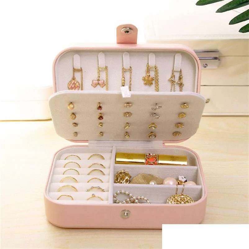 Smyckeslådor Portable Pu Leather Box Fashion Travel Organizer Display Storage Case Double Layer Holder For Rings Earrings Halsband Dr OTR1H