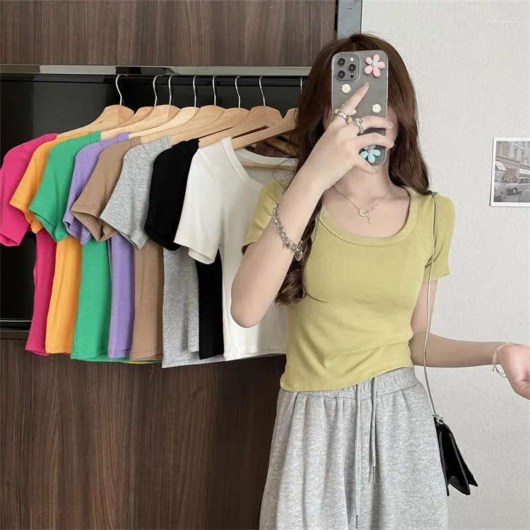 Women's T Shirts Firm Offers Xia Han Edition And Women Make Short Sleeve T-shirt U Collar Thread Tight Sexy Low-cut Blouse Render A