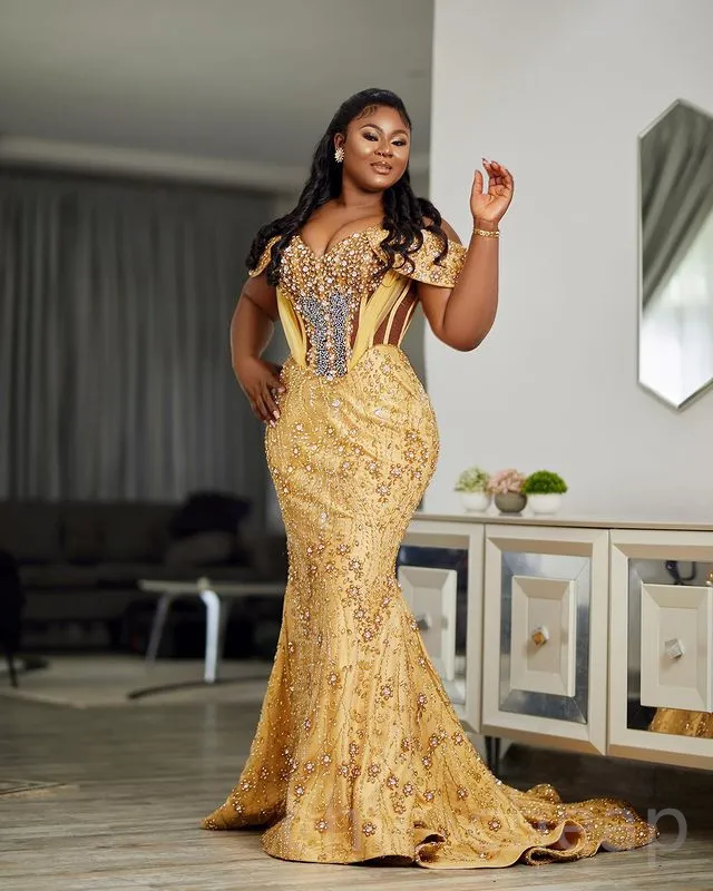 Gold Sequin Mermaid Prom Dress 2024 Lace Aso Ebi Evening Gown
